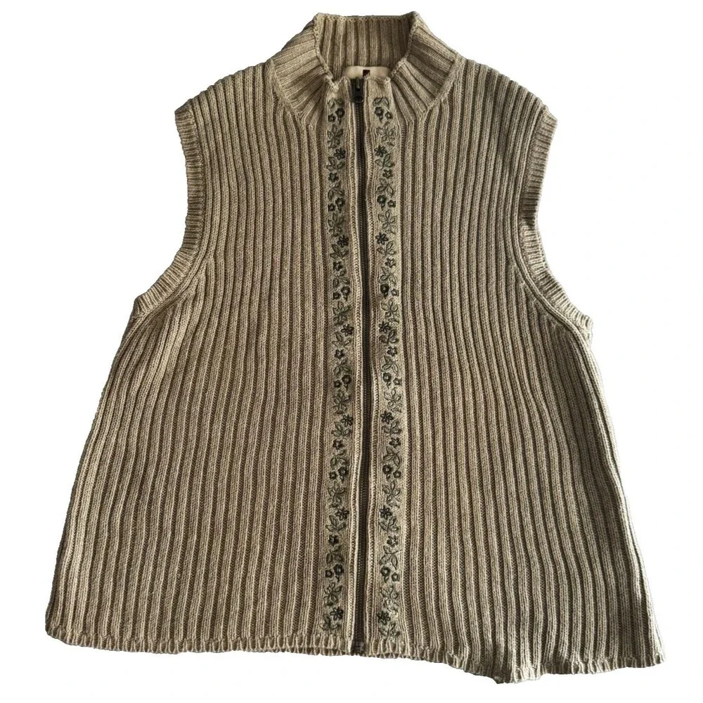 Woolrich Vest Women's Large Knit Full Zip Heather Beige Khaki SEE PICS!
